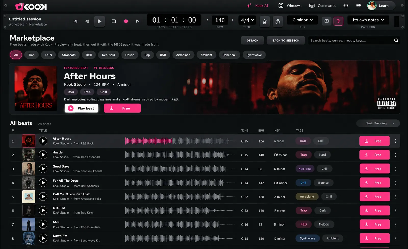 The KOOK marketplace with featured beat and trending beats list